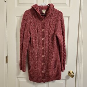 L.L. Bean Womens Hooded Cardigan Wool Blend Sweater In Pink/Red Size Small